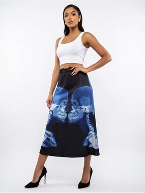 CHERRY KITTEN Blue Skull-Print Midi Skirt